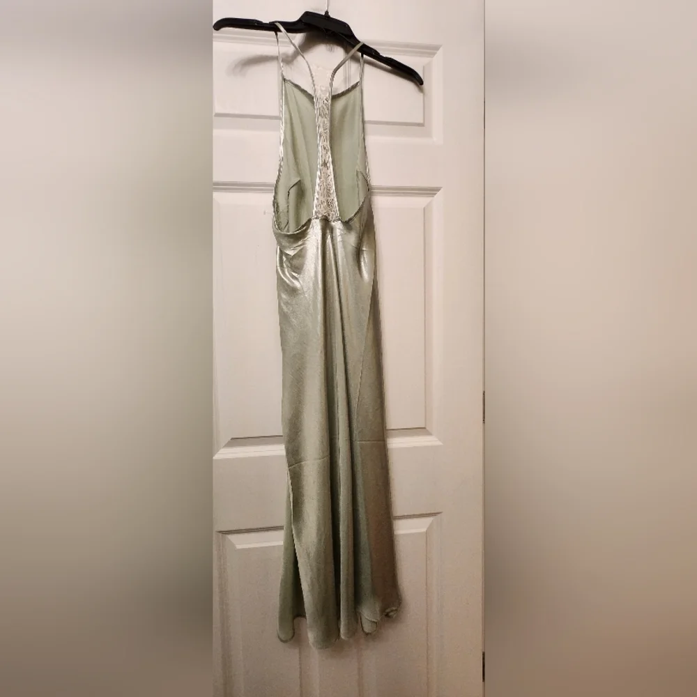 Free People Geen  Lace Back Sunset Shimmer Metallic Satin Midi Slip Dress - Picture 4 of 8